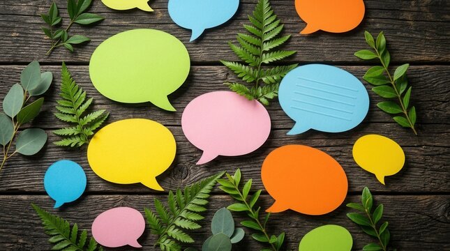 Engaging brand values concept featuring vibrant speech bubbles and natural green leaves.