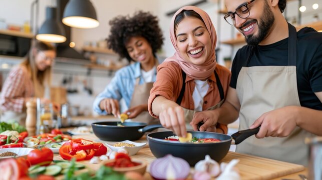 Multi-ethnic young people preparing food, laughing during a cooking class