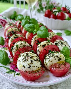 Caprese salad featuring sliced fresh mozzarella, ripe tomatoes, basil, and herbs