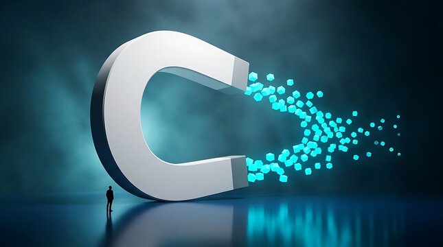 Small silhouette figure observing a large metallic magnet attracting glowing blue data cubes