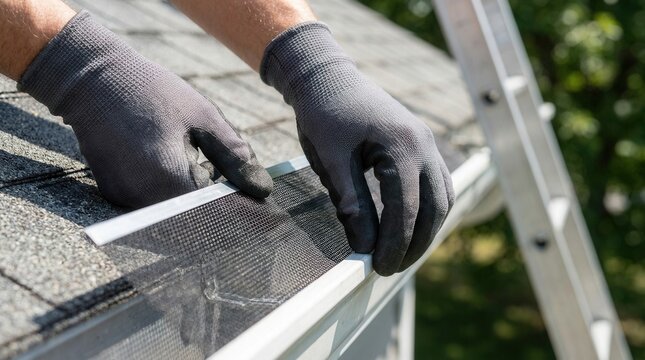 Close up of hands installing a protective gutter guard system on an aluminum gutter.