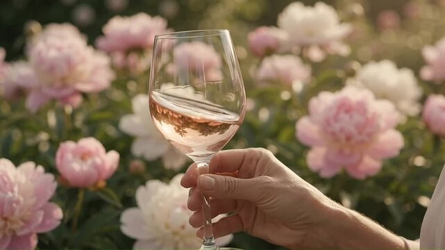 Hand holding glass of rose wine in a vibrant floral summer garden
