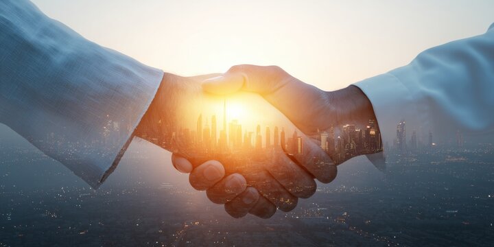Two business men shaking hands, creating a double exposure with dubai skyline at sunset