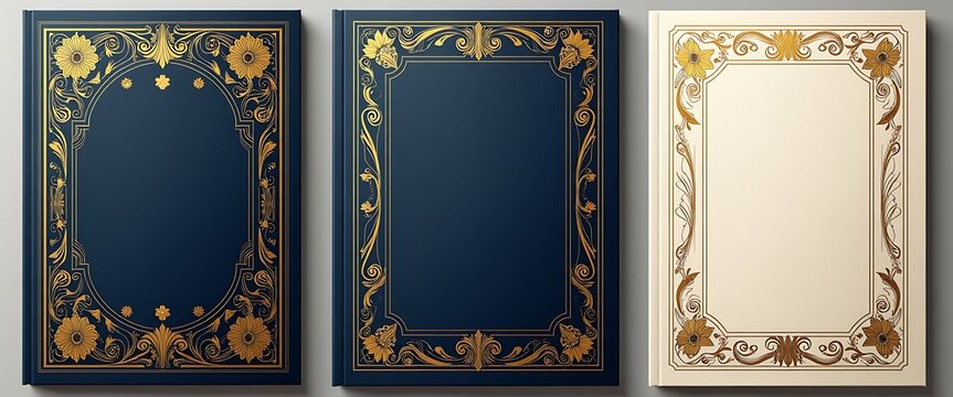 Set of decorative book covers with ornate golden floral patterns on blue and cream backgrounds.