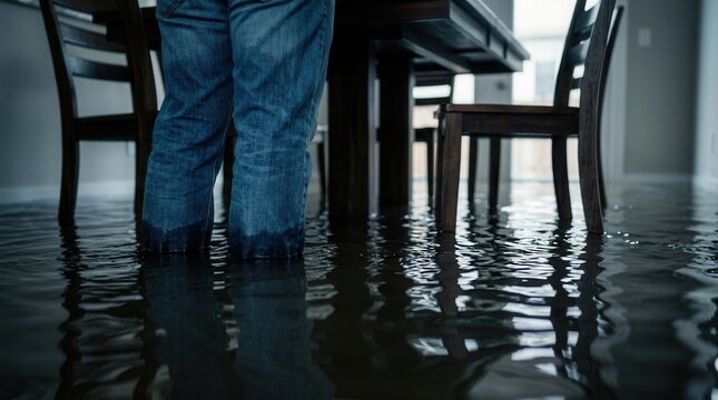 A person standing in a flooded room experiencing domestic water damage and flooding.
