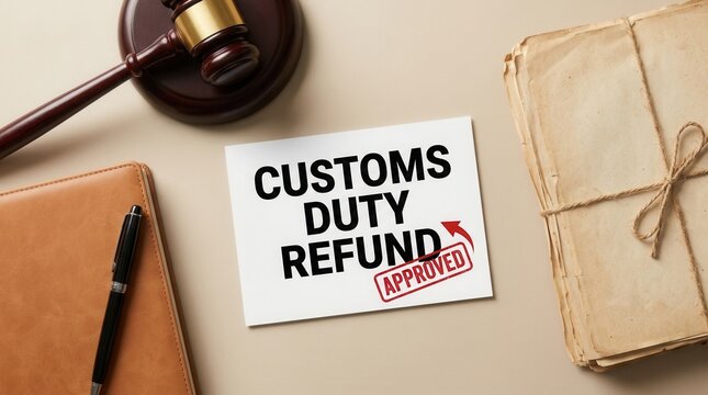 Legal concept of approved customs duty refund with a gavel and case files.