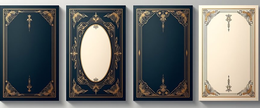 Elegant dark blue book spines with intricate gold scrollwork and borders.
