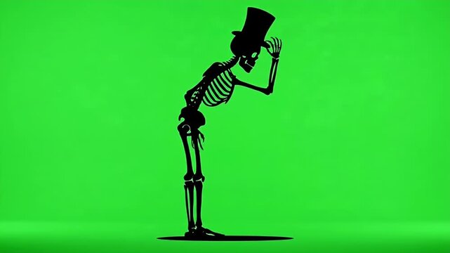 Silhouette Skeleton Tipping Hat on Green Screen - A black silhouette of a skeleton wearing a top hat is shown tipping its hat on a green screen background.