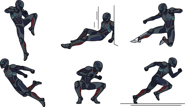 Futuristic sci-fi soldier character set, 6 action poses of armored warrior in tactical exoskeleton suit, cyberpunk hero vector illustrations