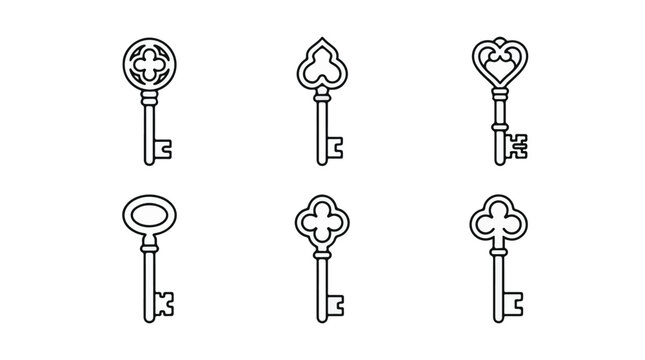 Vintage Skeleton Keys Line Art Vector Icons Set

