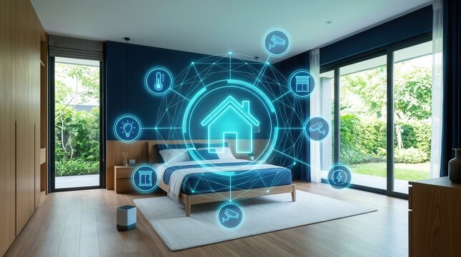 A smart home interface with glowing connected lines, dots, and geometric patterns for IoT connectivity.