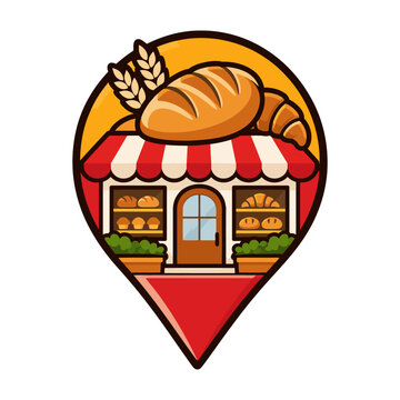 Bakery storefront integrated into a location pin with bread and pastry details, created for food maps, navigation graphics, and bakery branding concepts.
