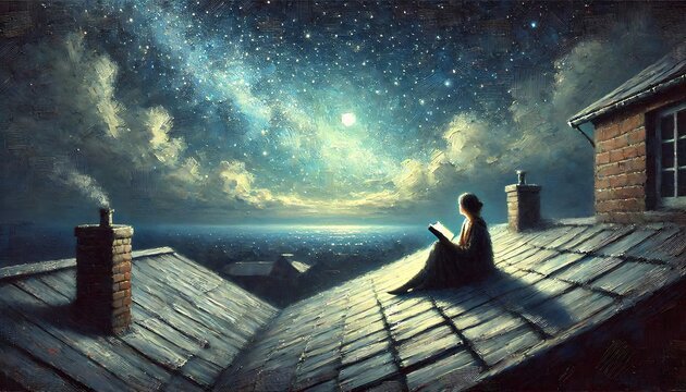Person reading on roof under a starry night sky