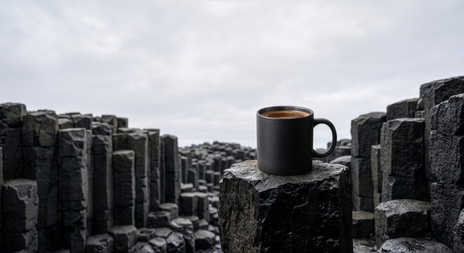 Black coffee mug resting on basalt column rock formation against overcast sky with copy space