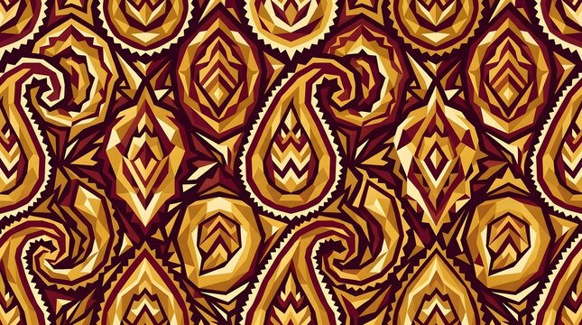 Seamless luxury geometric paisley pattern featuring intricate angular teardrop shapes and stylized floral swirls in rich golden amber and deep burgundy shades for high end textile and wallpaper design