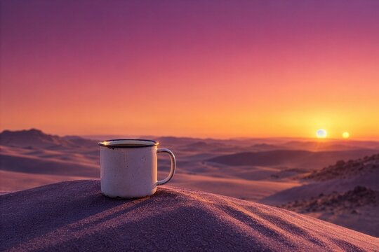 Rustic metal camping mug on sand dune overlooking alien desert landscape with double sun sunset