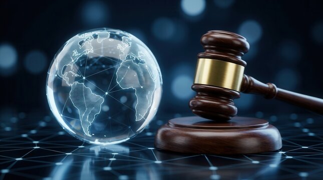 A wooden gavel and digital globe symbolizing global data privacy legislation and legal action.