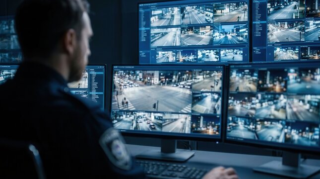Security personnel observing city street surveillance and live video feeds across various monitors.