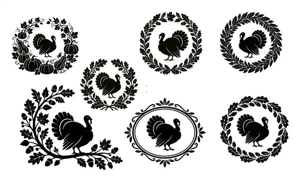 Vintage style turkey illustrations with floral wreaths in a repeating pattern