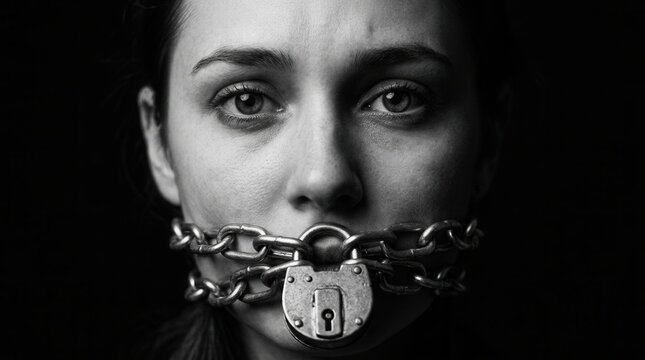 A somber young woman with her mouth bound by a padlock and chain, captured in an intimate portrait.