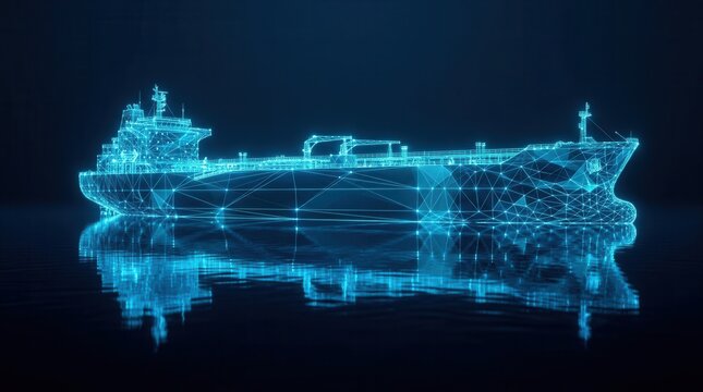 Digital concept of a futuristic oil tanker with blue light reflections on water.