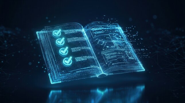 An open book rendered in a futuristic digital style with glowing checkmark icons.