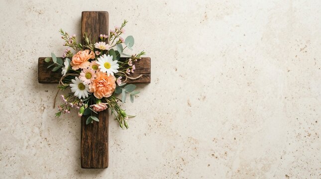 Christian symbol of faith featuring a wooden cross adorned with white and peach blossoms.