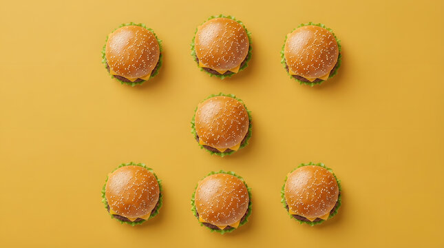 Seven delightful mini burgers, with patties, cheese, and fresh lettuce, neatly arranged in a pattern on a vibrant yellow background, creating an appetizing food concept