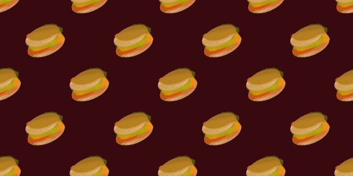 Seamless burger pattern with watercolor hand drawn illustrations on a deep maroon background. Perfect for menu design and food packaging.