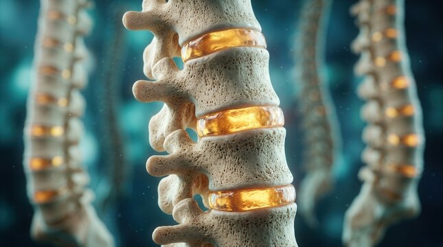 Anatomical reference of the spinal anatomy featuring vertebrae and translucent discs.