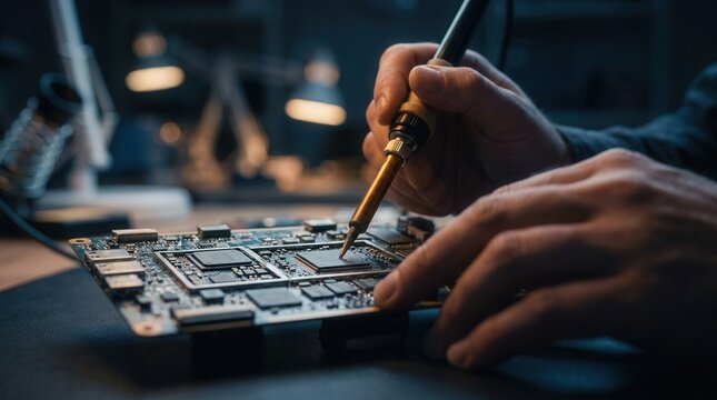 A dynamic electronics repair station featuring a technician using specialized tools for component repair.