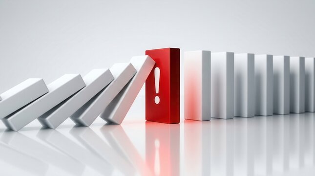 Crisis prevention concept with a red exclamation mark block stopping a domino effect.