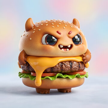 Angry Little Burger Monster Character with Melted Cheese and Toppings