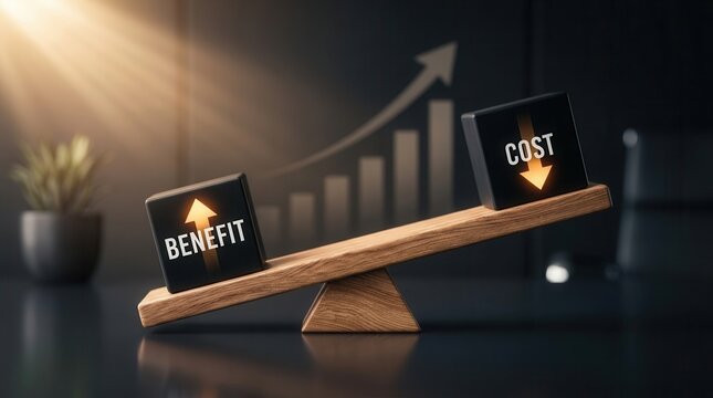 Concept of corporate profit maximization with benefit and cost blocks on a wooden seesaw.