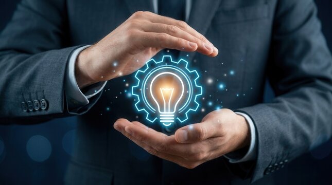 A businessman carefully guarding a luminous light bulb and gear symbol of technological innovation.