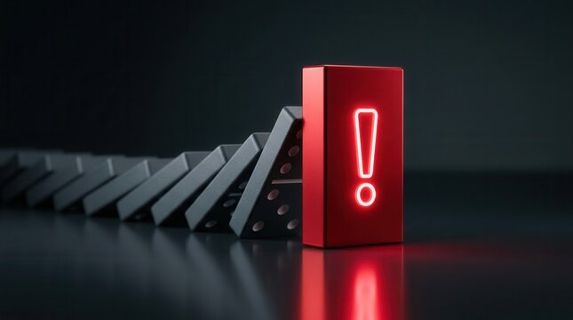Crisis control illustration with a luminous red block and warning icon stopping dominoes from falling.