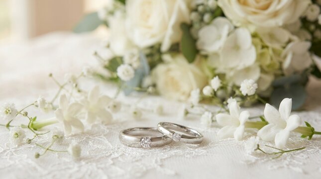 Interlocking silver wedding bands with delicate white flowers on elegant fabric - Two