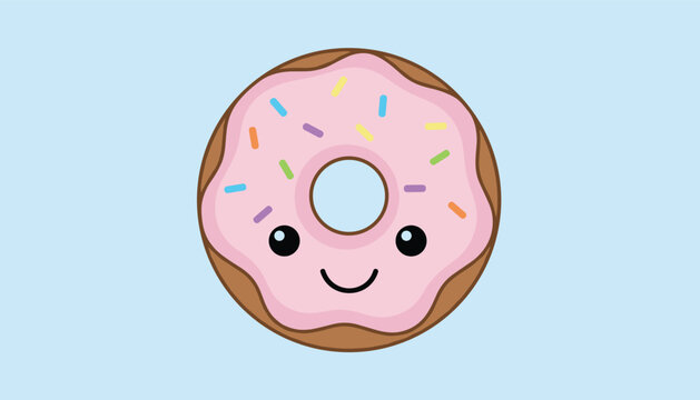 Cute cartoon glazed donut with pink frosting and colorful sprinkles smiling with happy face on light blue backdrop.