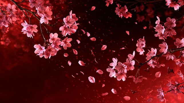 春の和菓子プロモーション、卒業入学記念の背景、お花見イベントWebに映える、濃い赤と黒のコントラストに咲き誇る艶やかな桜の枝と花びら写真素材（文字入れ用余白・コピースペース付き）