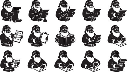 Obraz premium Twelve black silhouette of santa claus working at his desk with scrolls, pens, stamps, and documents on a white background