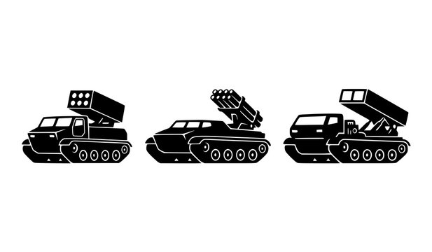 Military Multiple Launch Rocket System Vehicles Vector Silhouette Set