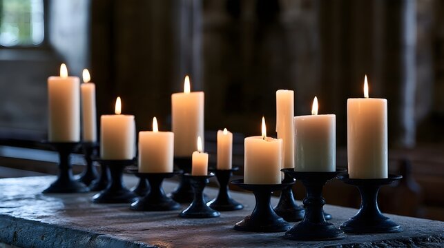 A row of lit candles in black holders on a stone surface  softly glowing in a dimly lit interior space