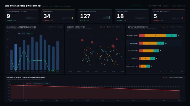 An engaging EHS operations dashboard showcasing injuries, near misses, and safety trends with animated metrics and charts in a dark mode interface for effective data visualization.