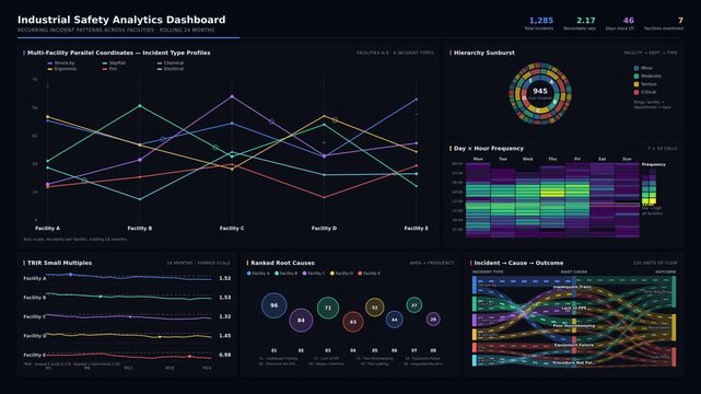 Explore an advanced industrial safety analytics dashboard showcasing recurring incident patterns across multiple facilities with vibrant visualizations and dark-mode design elements.
