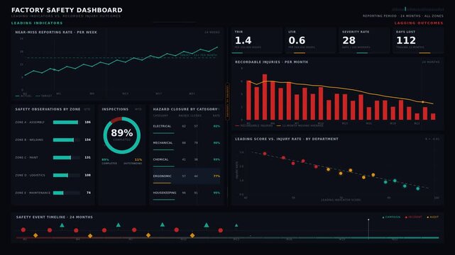 Explore a factory safety dashboard that visually contrasts leading indicators with recorded injury outcomes, featuring detailed charts and KPIs in a dark mode interface.