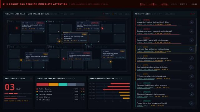 An industrial risk dashboard displaying unsafe conditions requiring immediate management attention with a dark-mode interface, urgent alerts, and interactive facility floor plans.