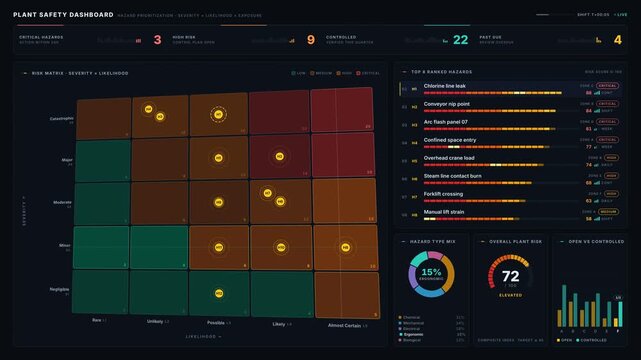 Explore a detailed plant safety dashboard visualizing hazard prioritization by severity, likelihood, and exposure with animated risk metrics and vibrant color coding.