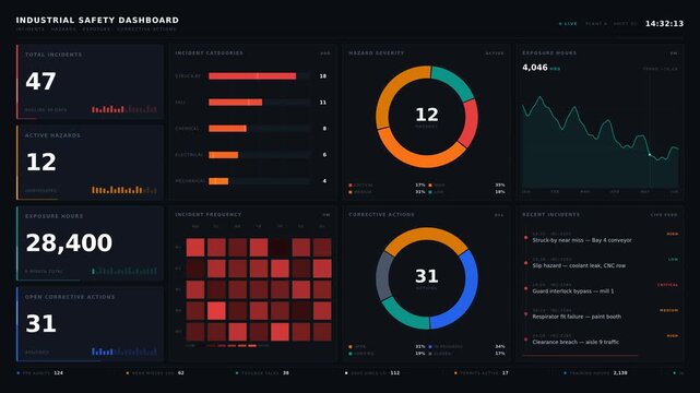 Explore a detailed industrial safety dashboard showcasing incidents, hazards, exposure hours, and corrective actions in a dark-mode layout with vibrant visual elements.