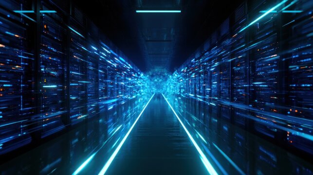 Futuristic glowing blue data server room with light streaks digital abstract background