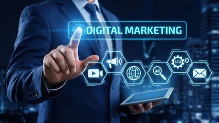 Obraz premium Businessman touching digital marketing icons on a virtual screen interface